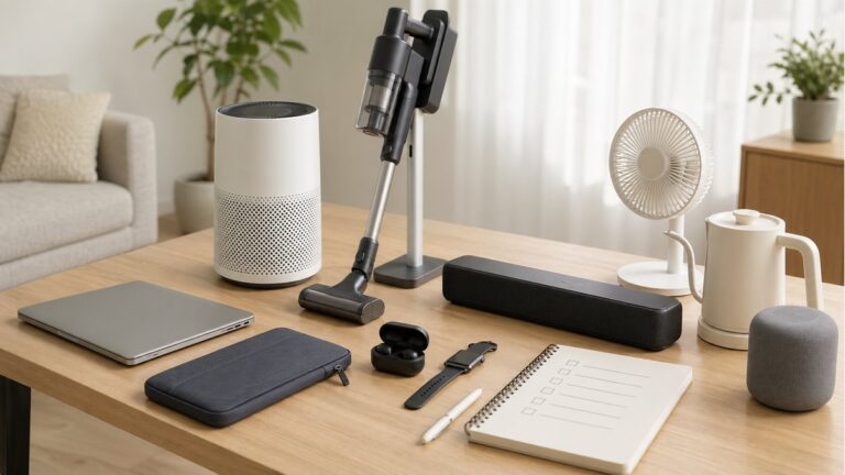 가전과 IT 제품 구매가이드를 정리하는 책상 예시